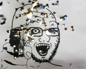 soyak, soyak (crazed), bullet hole, crazed, firearm, glasses, gun, hands, holding gun, holding object