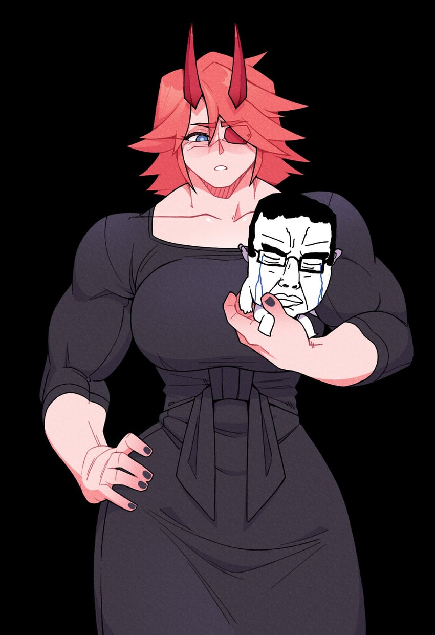 chudjak, chudjak front, black background, black dress, blue eyes, buff, closed eyes, crying, eye patch, female