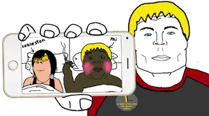 SoyBooru.com - 173355 - award bed blanket blond blush character_femcobble holding_object holding_phone implied_sex meta_namefags nate_higger's_distant_cousin_(cape_rrackers) pillow series_me_and_your_mom soyjak_wik.png