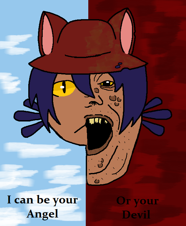 niko (oneshot), alicia, acne, black text, blue background, brown hat, brown skin, bucket hat, cat ears, closed mouth