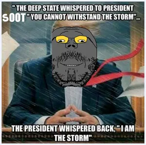 donald trump, gapejak, mustached gapejak, wholesome soyjak, arm, clothes, glasses, gray skin, hands, impact (font)