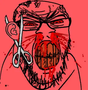 feraljak, feralrage, angry, blood, clenched teeth, ear, ear removal, glasses, mustache, red