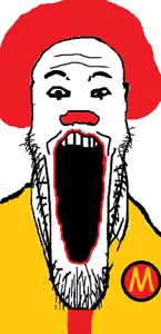 markiplier soyjak, clown, mcdonalds, open mouth, red hair, ronald mcdonald, soyjak, stubble
