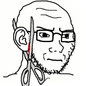 soyak, blood, concerned, ear, ear removal, frown, glasses, scissors, soyjak, stubble