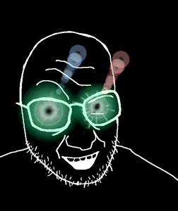 snopesjak, thougher, black skin, glasses, glowing eyes, inverted, open mouth, smile, soyjak, stubble