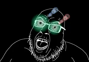 hilbert soyjak, thougher, angry, black skin, glasses, glowing eyes, inverted, open mouth, soyjak, stubble