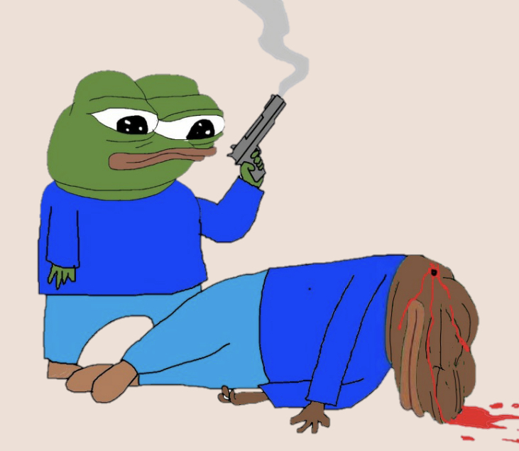 apu, pepe, 2frogs, amphibian, animal, blood, blue pants, blue shirt, closed eyes, corpse