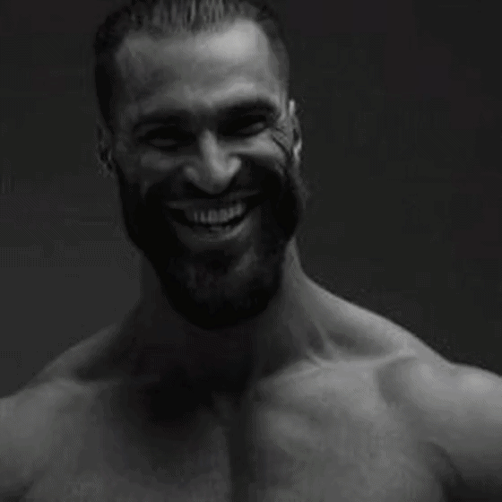 gigachad, 1nas, animated, beard, black hair, body, buff, cyborg, front view, full body