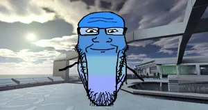 markiplier soyjak, longplier, blue, calm, closed mouth, cold, cool, futuristic, glasses, irl background