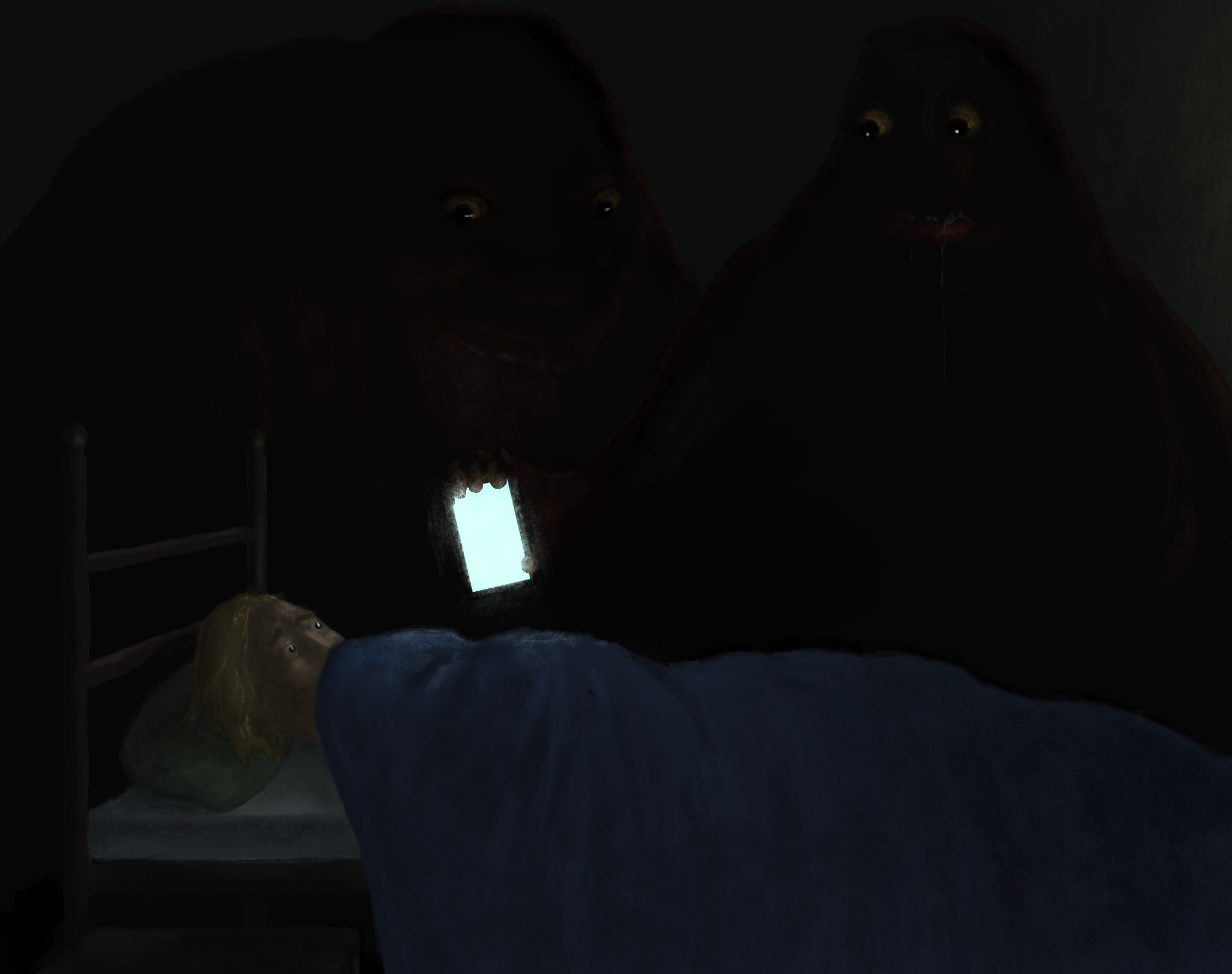 soyak, unknown, slopjak, bed, bedroom, black skin, blanket, dark, dark skin, holding object