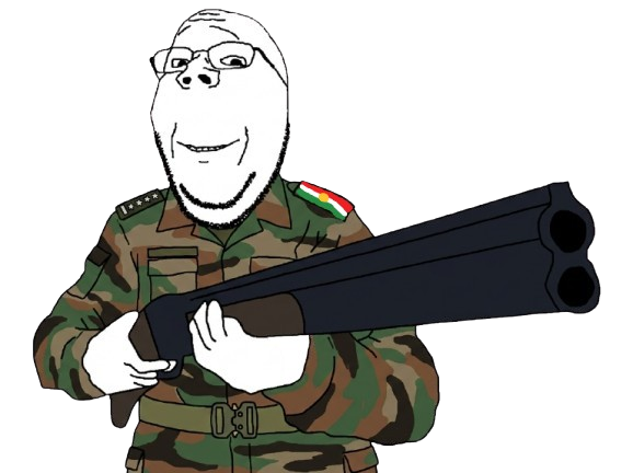 shad, gapejak, wholesome soyjak, glasses, gun, holding gun, holding object, holding shotgun, kurd, kurdish