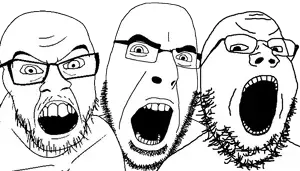 cobson, feraljak, gapejak, 3soyjaks, angry, bald, glasses, looking at you, open mouth, stubble