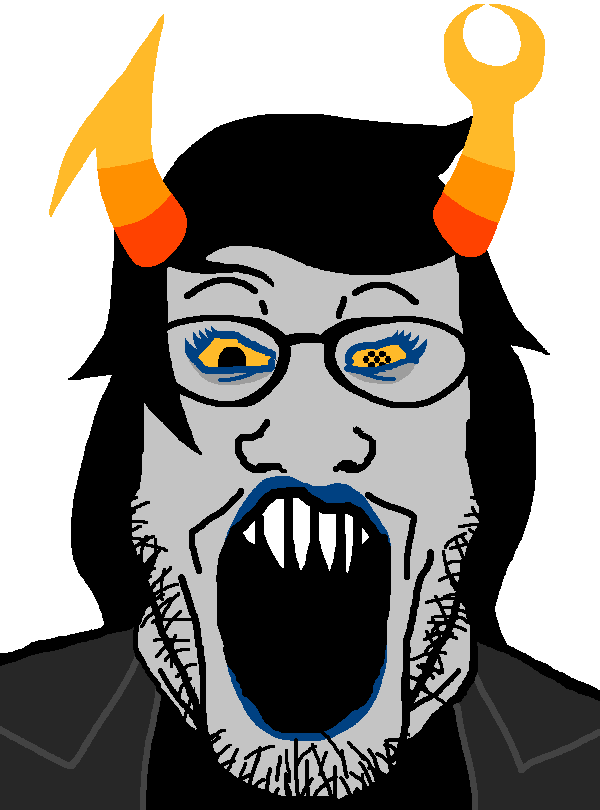 markiplier soyjak, clothes, eyelashes, glasses, gray skin, hair, horns, lips, lipstick, makeup