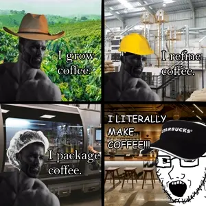 gigachad, soyak, cap, clothes, coffee, drink, farm, farmer, glasses, hat