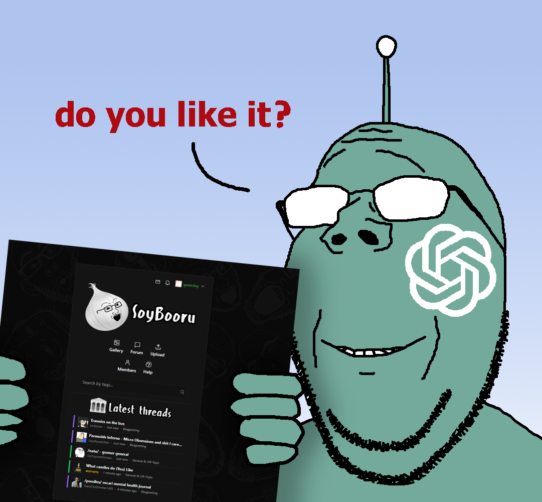 greenfag, gapejak, wholesome soyjak, 1soyjak, antenna, artificial intelligence, chatgpt, english text, glasses, gradient background
