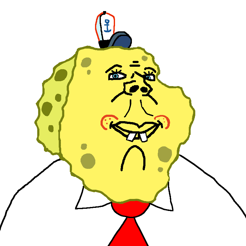 spongebob squarepants, impish soyak ears, kranos, anchor, blue eyes, buck teeth, cap, cartoon, clothes, collared shirt