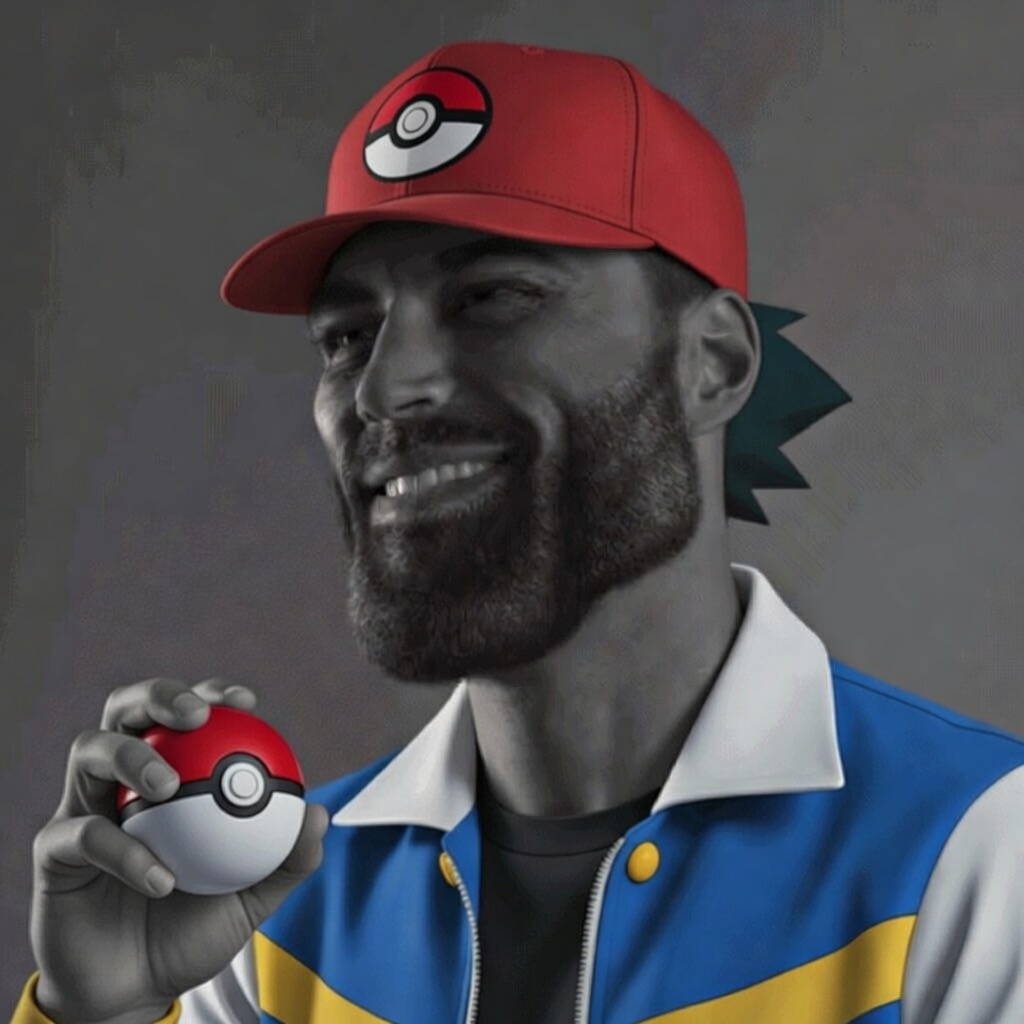 gigachad, ash ketchum, beard, blue jacket, bushy eyebrows, cap, clothes, ear, eyebrows, gray background