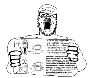 a24 slowburn soyjak, glasses, holding object, holding sign, open mouth, sign, text