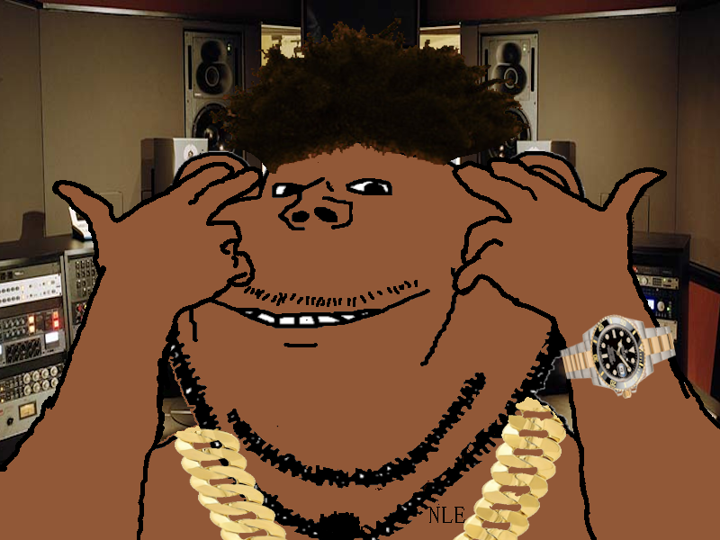 impish soyak ears, 1soyjak, album cover, arms up, beard, black, brown hair, brown skin, chain, golden chain