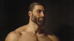 gigachad, art, beard, black background, classical art parody, color, hair, realistic, white skin