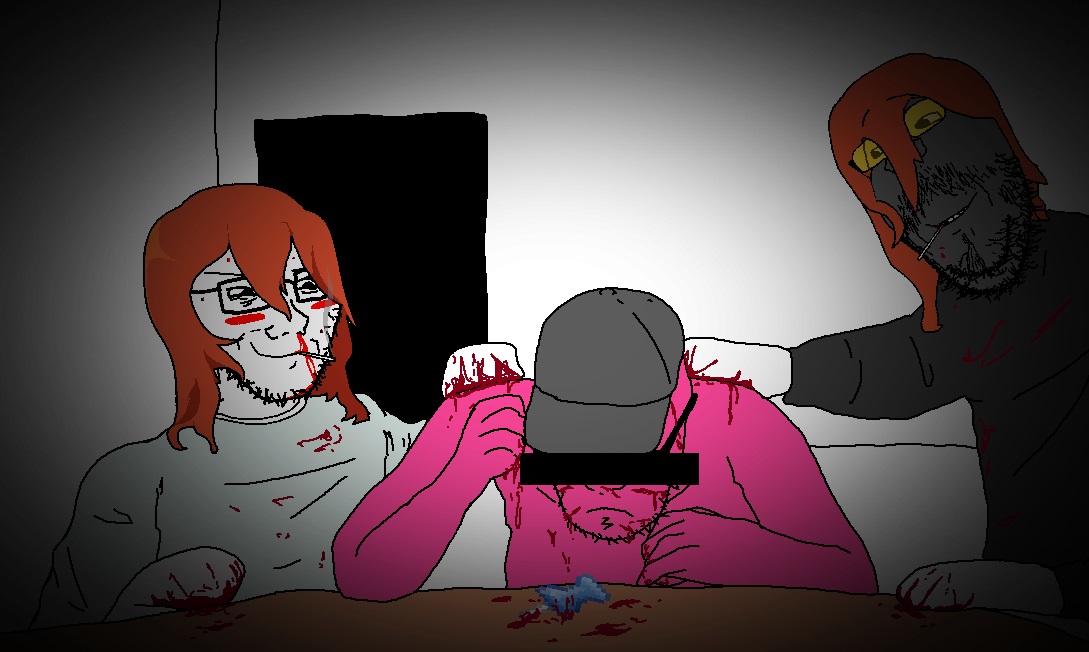 feraljak, gapejak, soyak, soyak (smug), wholesome soyjak, blank room soup, blood, cigarette, clothes, creepypasta