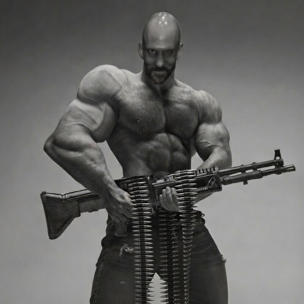 der coomer, gigachad, ammo belt, bald, buff, coomer, fixed, gooner, gray background, gun