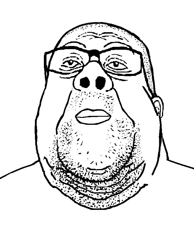 reaction soyjak, reaction fat soyjak, bald, chin, closed mouth, double chin, fat, forehead lines, glasses, lips