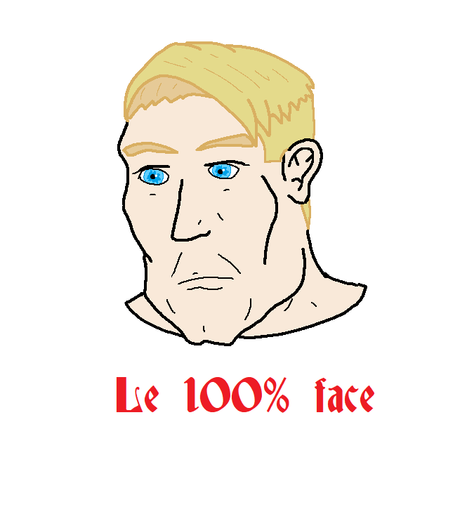 classic amerimutt, amerimutt, 100, 100%, 100% face, blonde hair, cleft chin, closed mouth, ear, english text