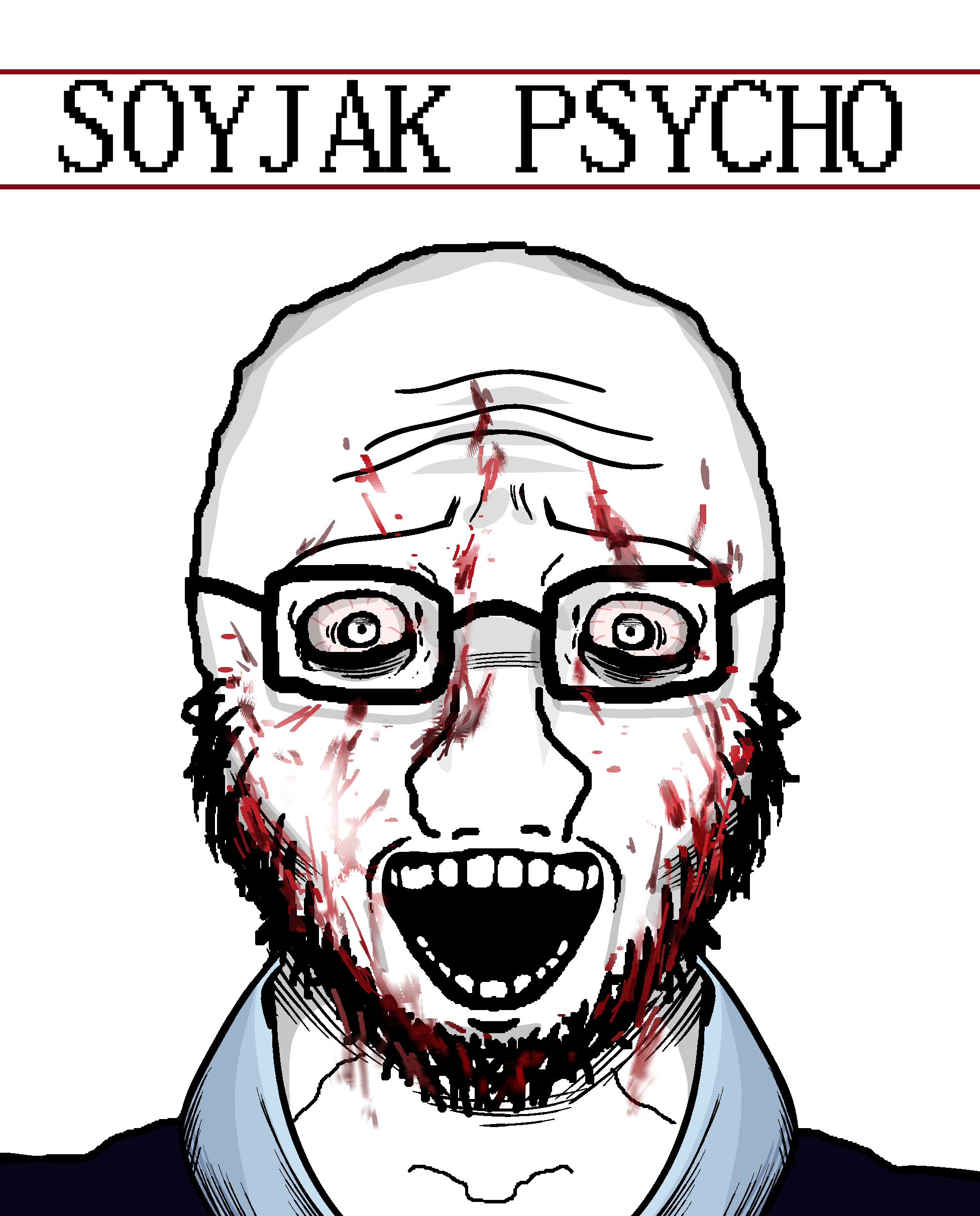 soyak, soyak (crazed), soyak front, art, black text, blood, blood on face, bloodshot eye, bloodshot eyes, clothed