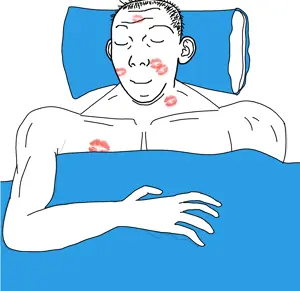 kuzjak, arm, blanket, buff, closed eyes, closed mouth, ear, hair, hands, kisses