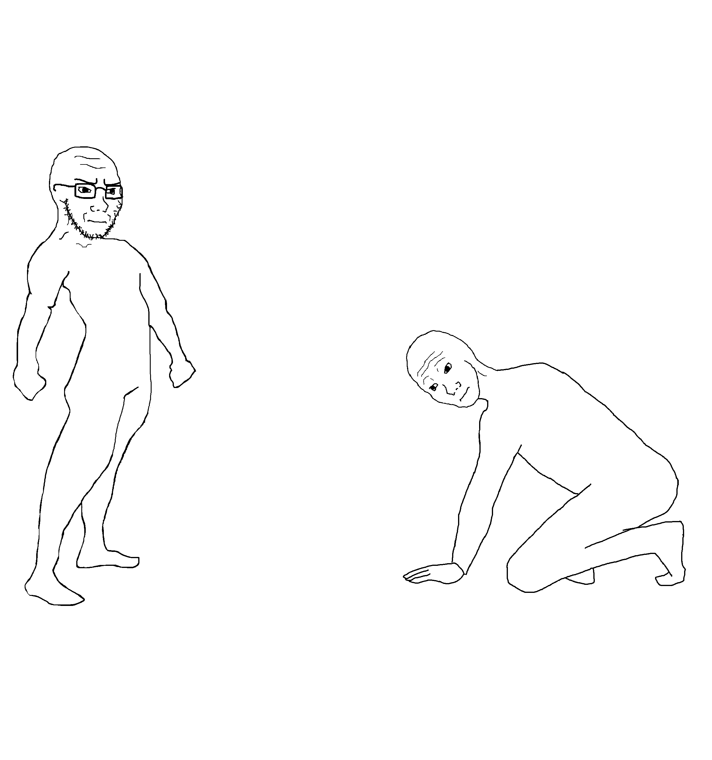 wojak, soyak, soyak (irritated), angry, bowing (gesture), closed mouth, conflict, full body, glasses, hands