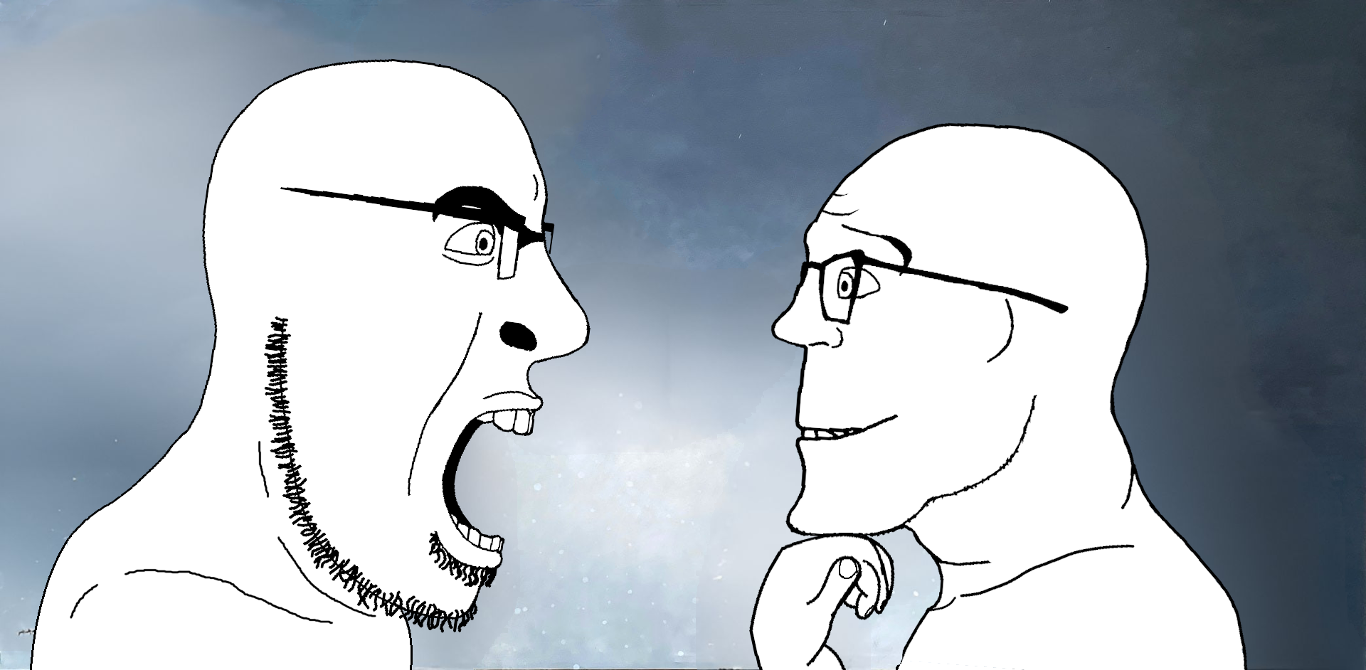 cobson, feraljak, cobson side, feralside, 2soyjaks, blue background, closed mouth, glasses, hand, hands