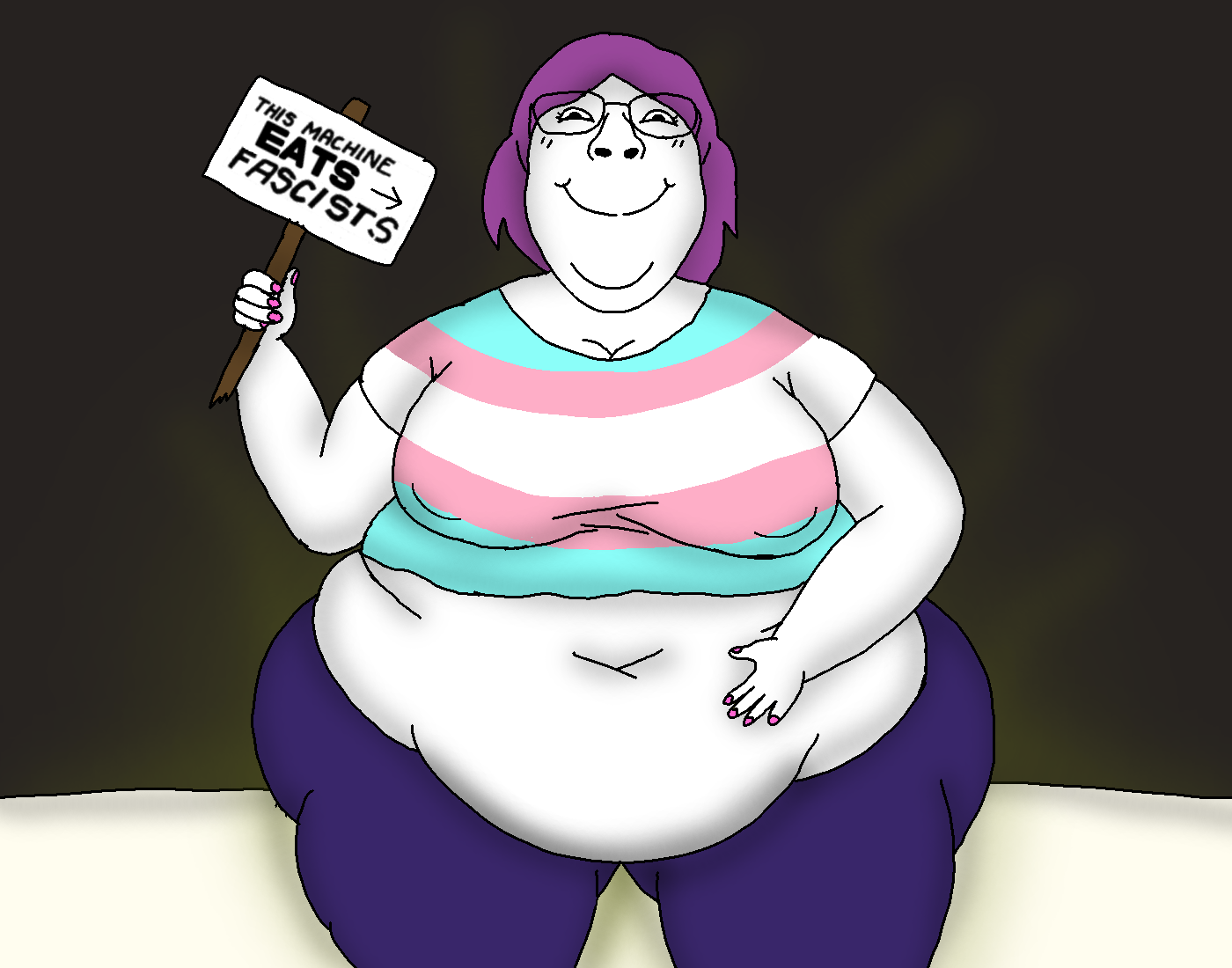 bernd, 59 percent, holding belly, belly, big belly, blue pants, bra, fat, obese, rot shading