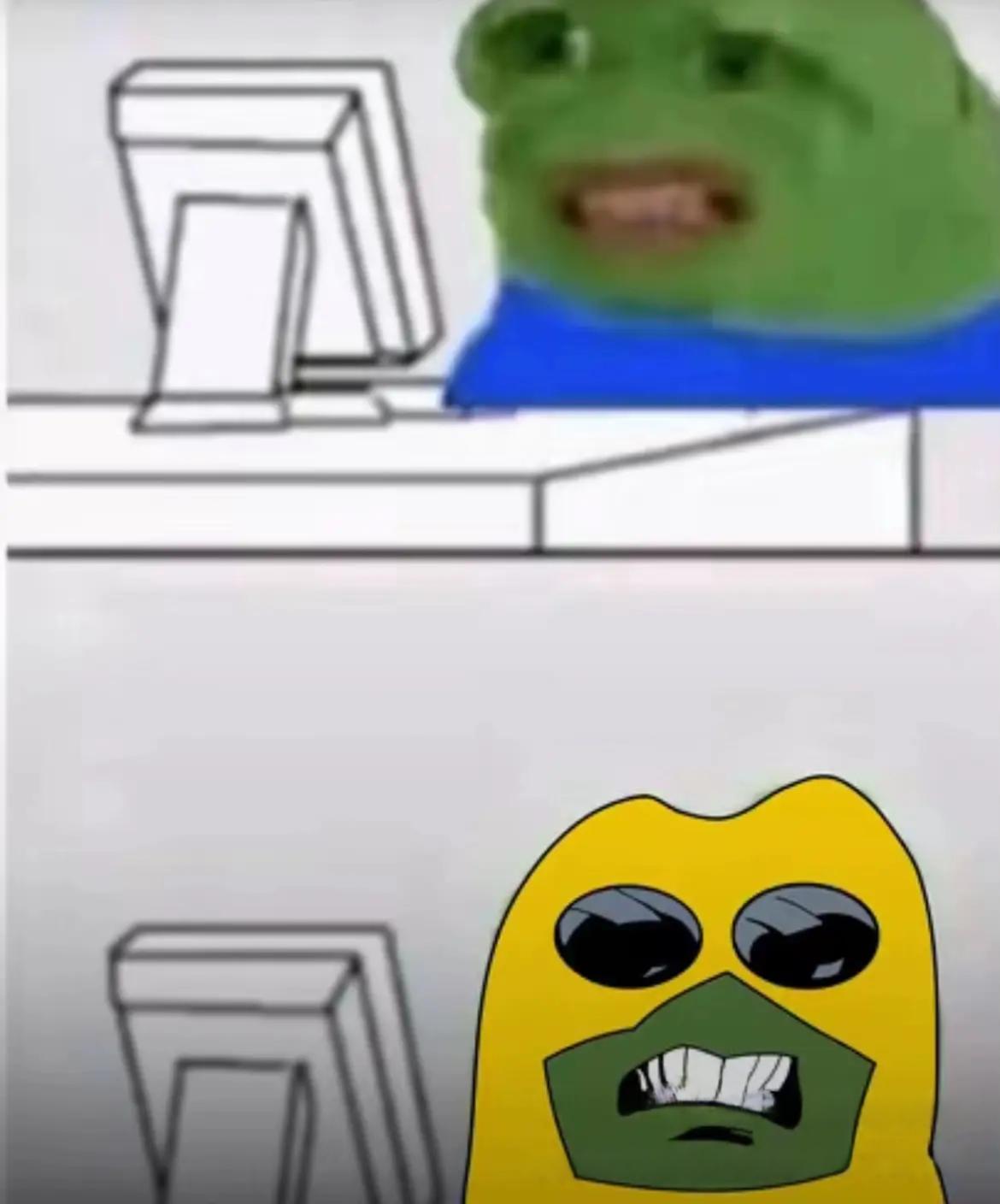 apu, invincible (invincible), pepe, alternate outfit, amphibian, angry, animal, blue shirt, chair, closed mouth