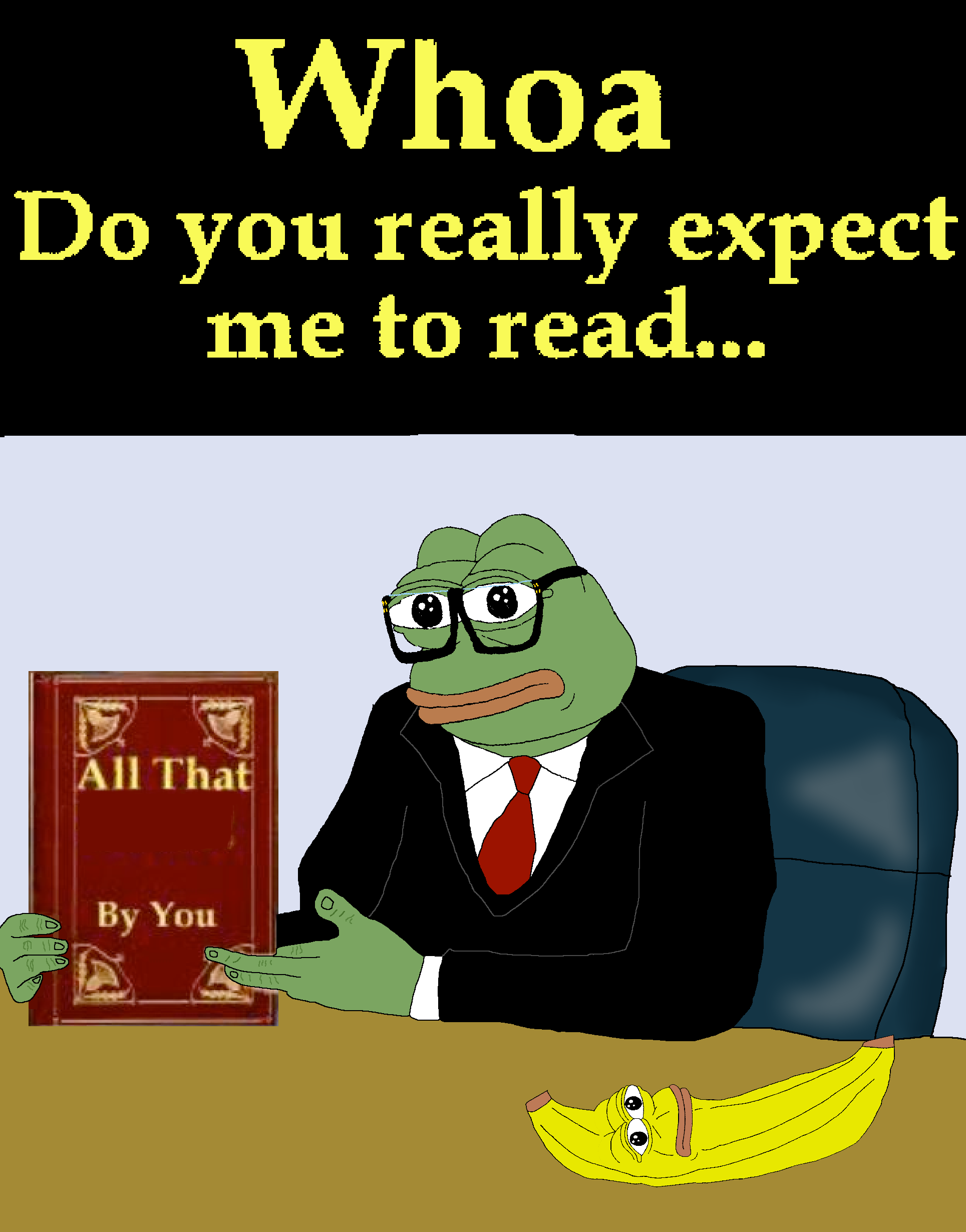 bapepe, jager, pepe, (you), arm, banana, blue background, book, chair, closed mouth