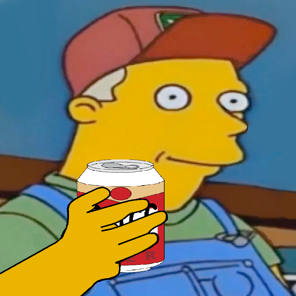 al sneed, alcohol, arm, beer, blonde hair, blue background, blue overalls, cap, cheers, clothes