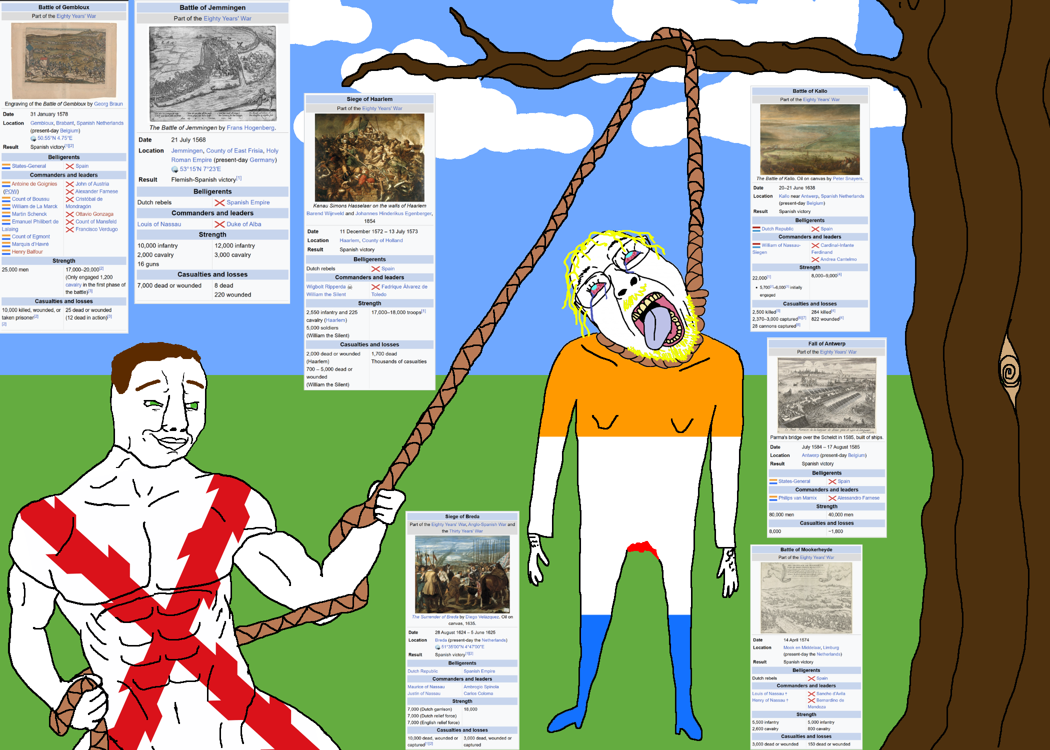 bernd, chudjak, hanging troonjak, troonjak, ack, battle, blonde hair, blue eyes, brown hair, buff