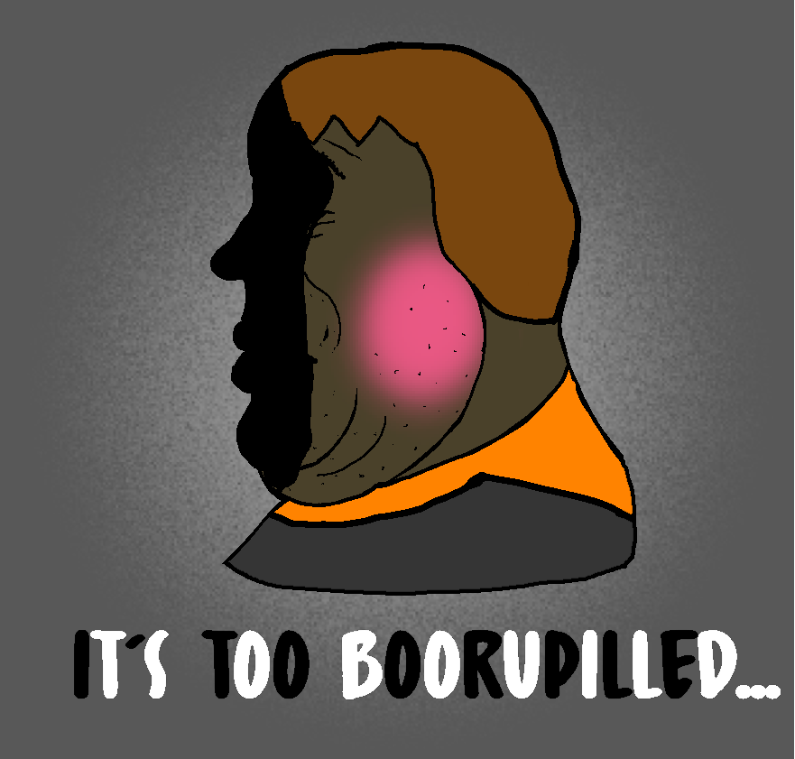 alicia, alicia side, it's based and christpilled, sidejaks, 3 years on bald man with glasses booru, badge, booruteen, brown hair, chin, double chin