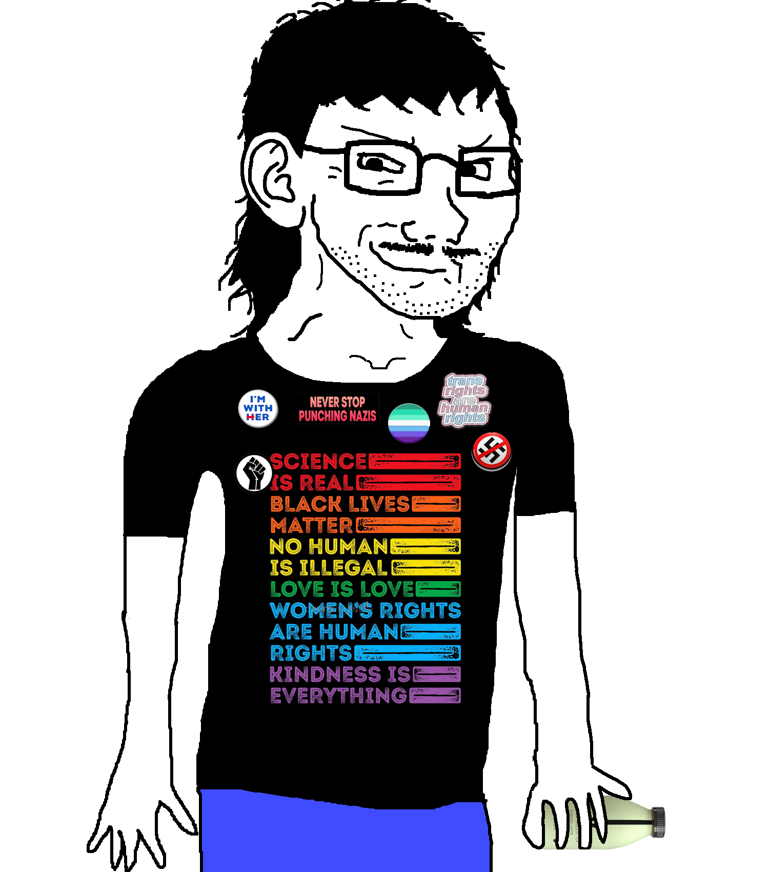 matchajаk, soyak, proto matchajak, 1soyjak, anti nazi, black lives matter, black shirt, blm logo, blue pants, bottle