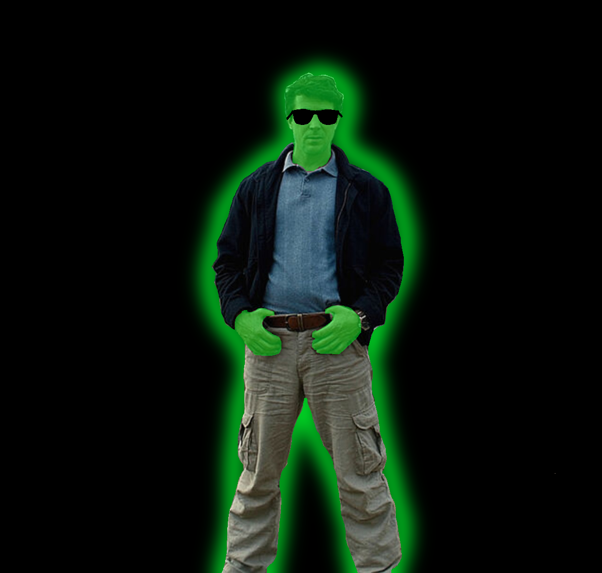 bane, glowie, almost full body, baneposting, belt, black background, black jacket, blue shirt, central intelligence agency, clothes