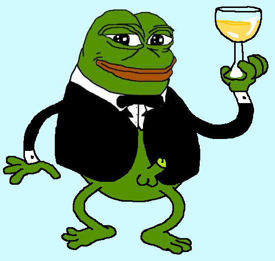 pepe, alcohol, amphibian, animal, arm, black suit, black tie, blue background, clothes, drink