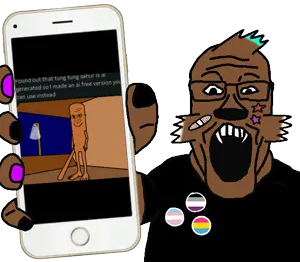 markiplier soyjak, soyak, soyak (smug), showing phone, brown, brown skin, drawfag, fag, fur, furry