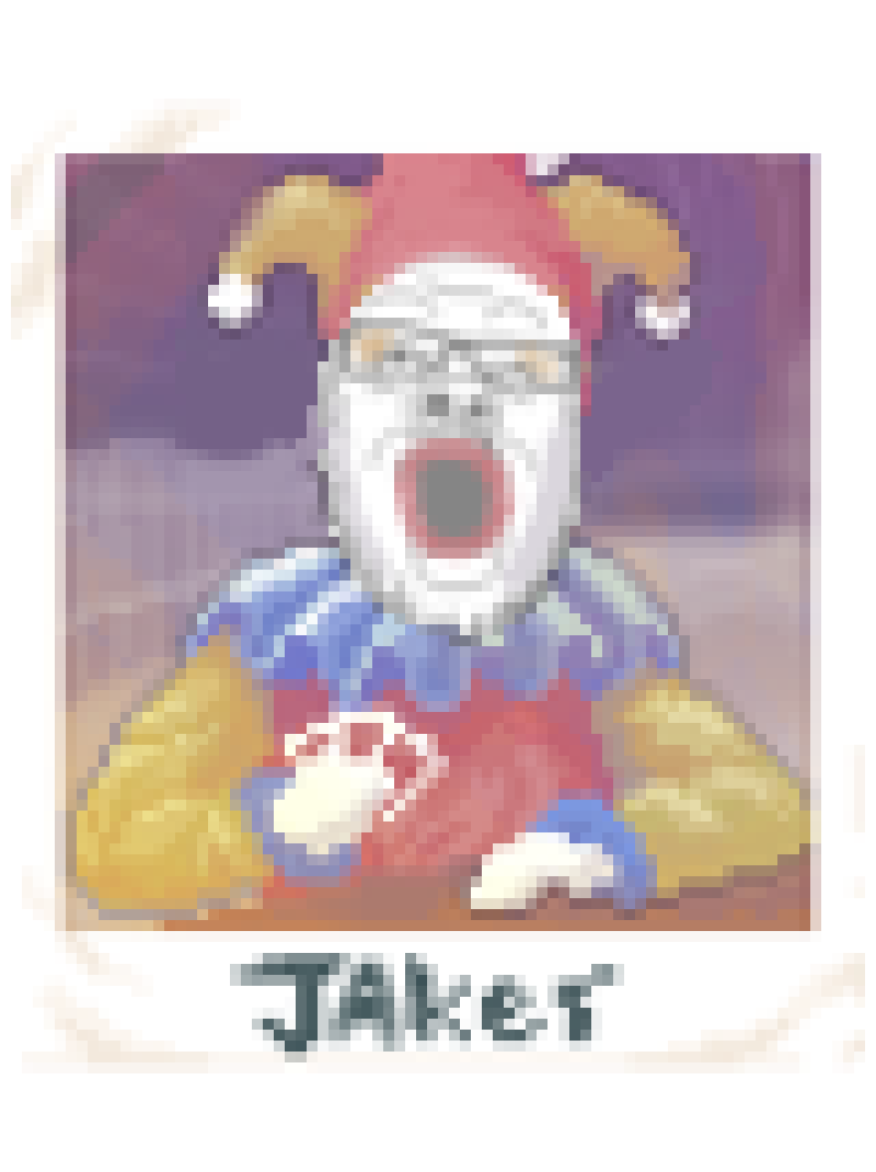 jimbo (balatro), a24 slowburn soyjak, balatrojaks, card, clothes, hat, holding object, holding paper, jester, joker