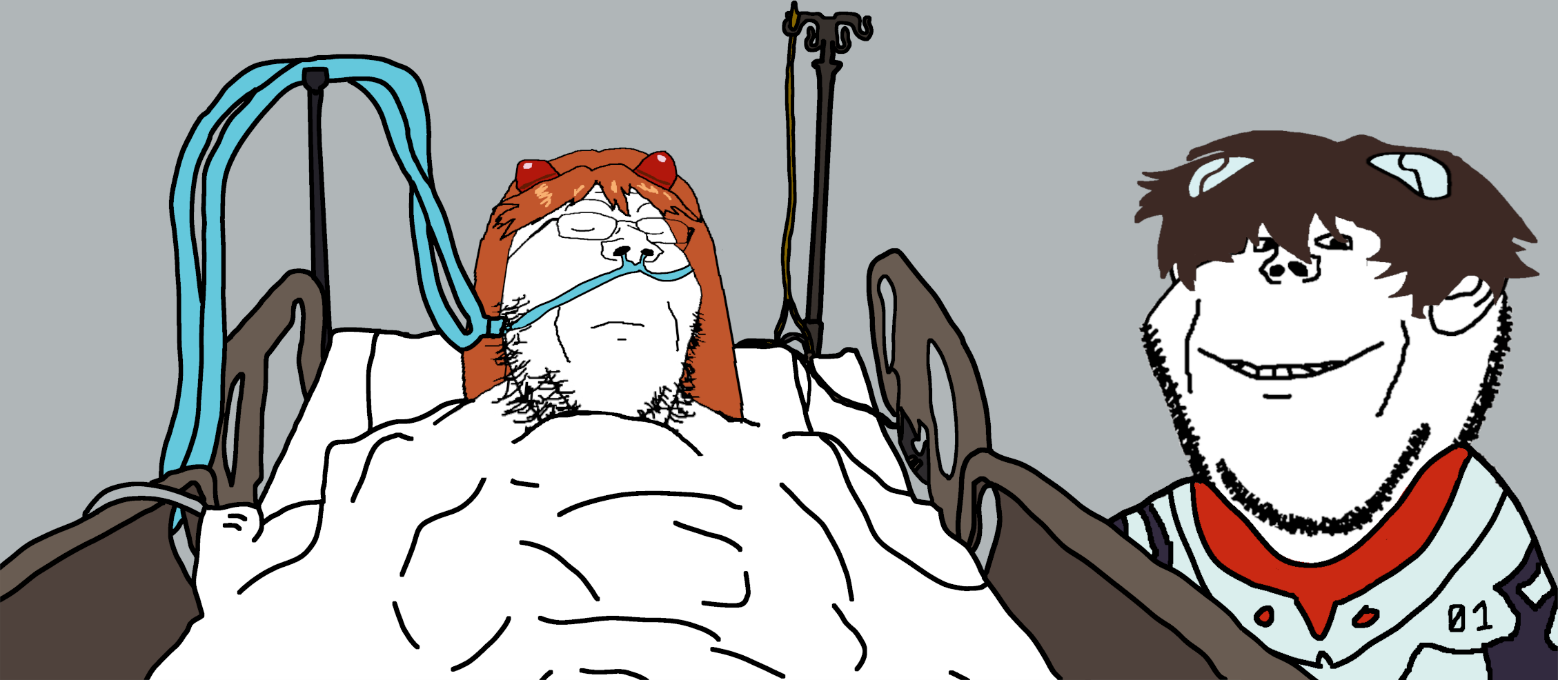 asuka langley soryu, ikari shinji, gapejak, impish soyak ears, 2soyjaks, bed, bodysuit, brown hair, closed eyes, closed mouth