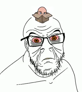 feraljak, angry, bloodshot eyes, box, brown eyes, frown, glasses, jackbox, soyjak, stubble