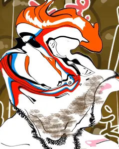 cobson, slopjak, closed eyes, closed mouth, david bowie, deformed, face paint, glasses, orange hair, poop