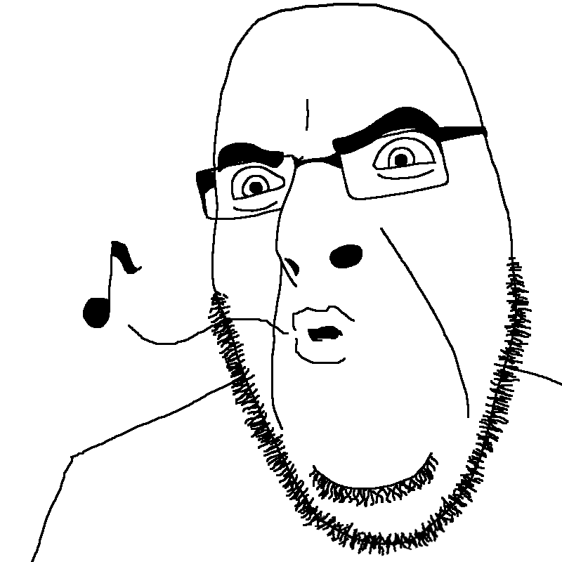 cobson, 1soyjak, bald, chin, double chin, eyebrows, glasses, monochrome, music, musical note