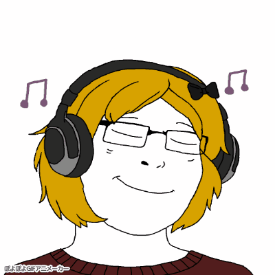 cobson, derpson, female cobson, femjak, soyjaks listening to some good shit, animated, blonde hair, bow, closed eyes, derpina