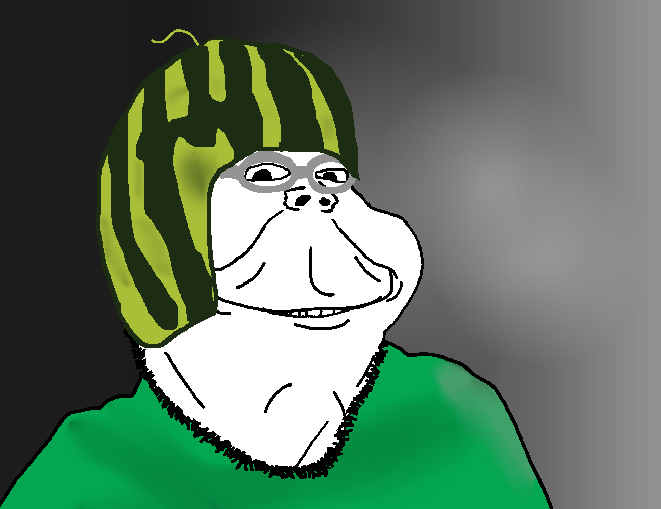 impish soyak ears, henry, clothes, drawn background, food, fruit, goggles, gray background, green clothes, hat
