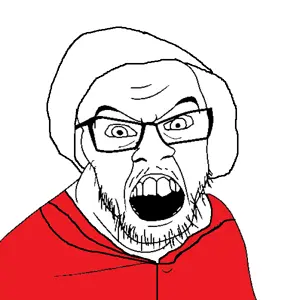 feraljak, angry, clothes, glasses, hand maid, hat, open mouth, soyjak, stubble